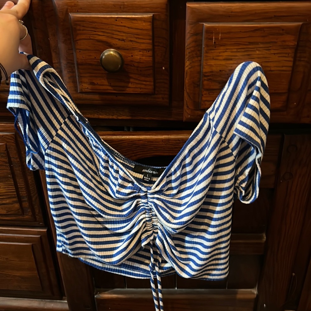 Blue and white stripped cropped top.